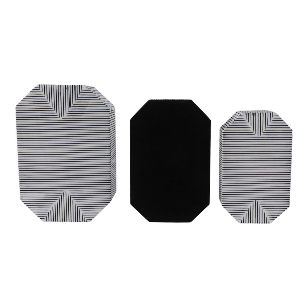 Trinket Box Set of 3 | Octagon Shaped Black Grooved Lines on White Resin