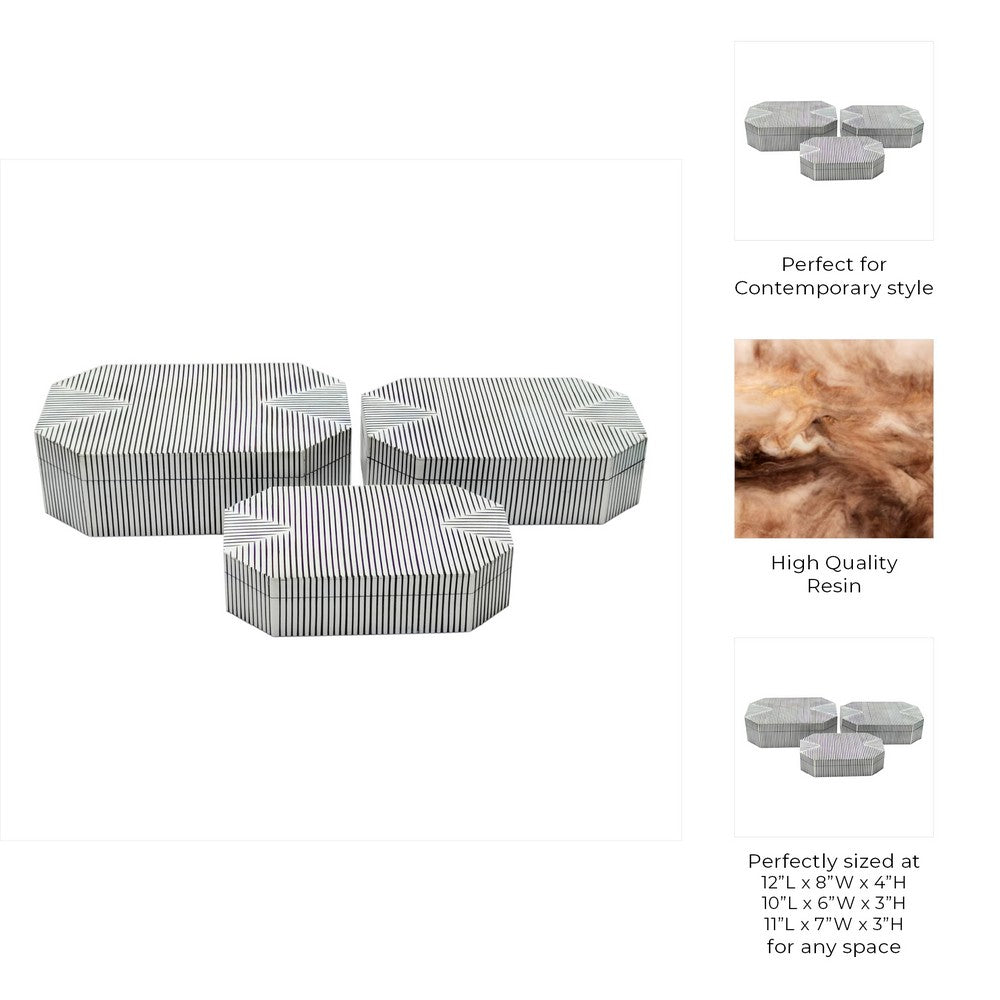 Trinket Box Set of 3 | Octagon Shaped Black Grooved Lines on White Resin