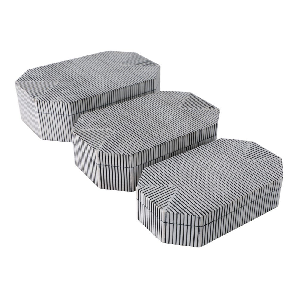 Trinket Box Set of 3 | Octagon Shaped Black Grooved Lines on White Resin