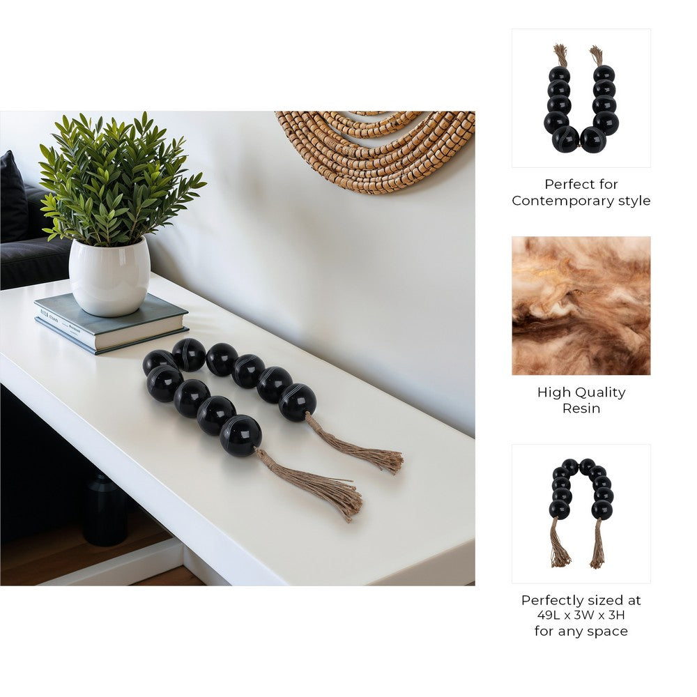 Hana Accent Garland | Carved Resin Beads | Brown Rope Tassels | Gloss Black