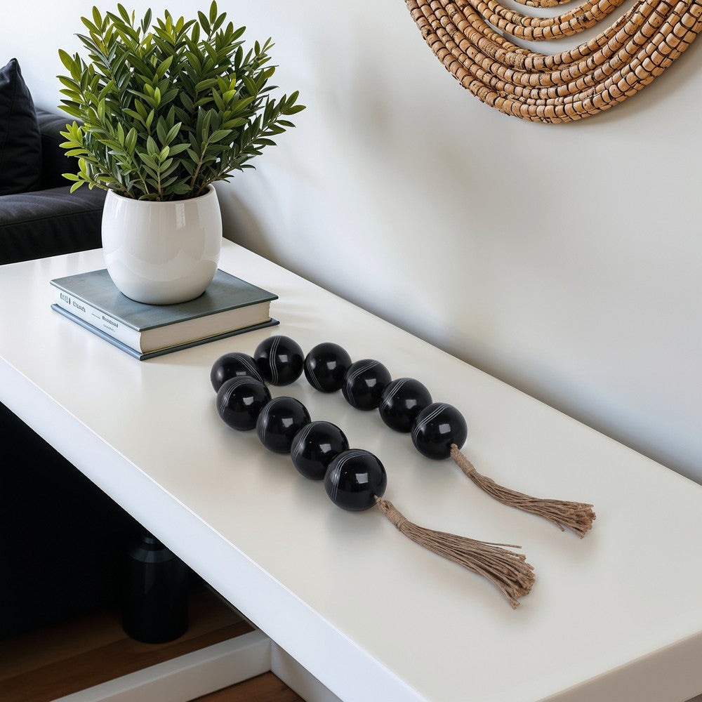Hana Accent Garland | Carved Resin Beads | Brown Rope Tassels | Gloss Black