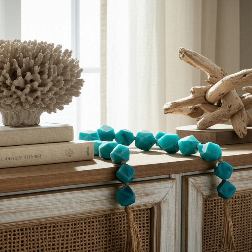 Decorative Beaded Garland with Tassels | Geometric| 45" Coastal Blue