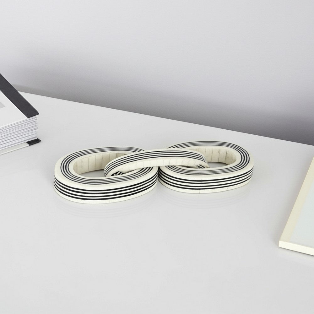 Tabletop Decor | 3-Link Chain Sculpture | Black White Strips | Resin 15"