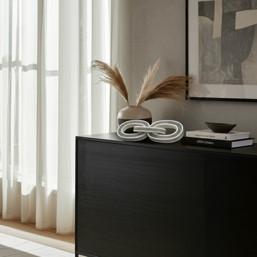 Tabletop Decor | 3-Link Chain Sculpture | Black White Strips | Resin 15"