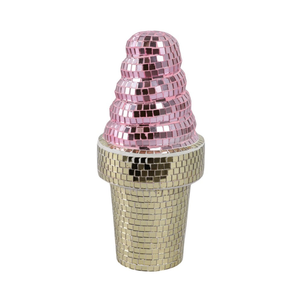 Zola Ice Cream Figurine | Mirror-Tile Mosaic Pattern | 9" Pink-Gold Wood