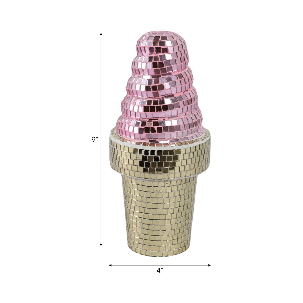 Zola Ice Cream Figurine | Mirror-Tile Mosaic Pattern | 9" Pink-Gold Wood
