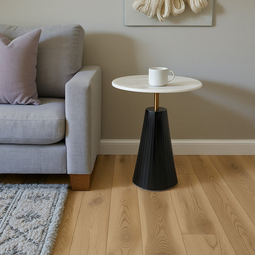 Accent Table | 17" Round White Marble Top | Black Fluted Base