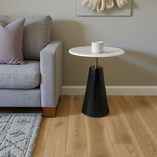 Accent Table | 17" Round White Marble Top | Black Fluted Base