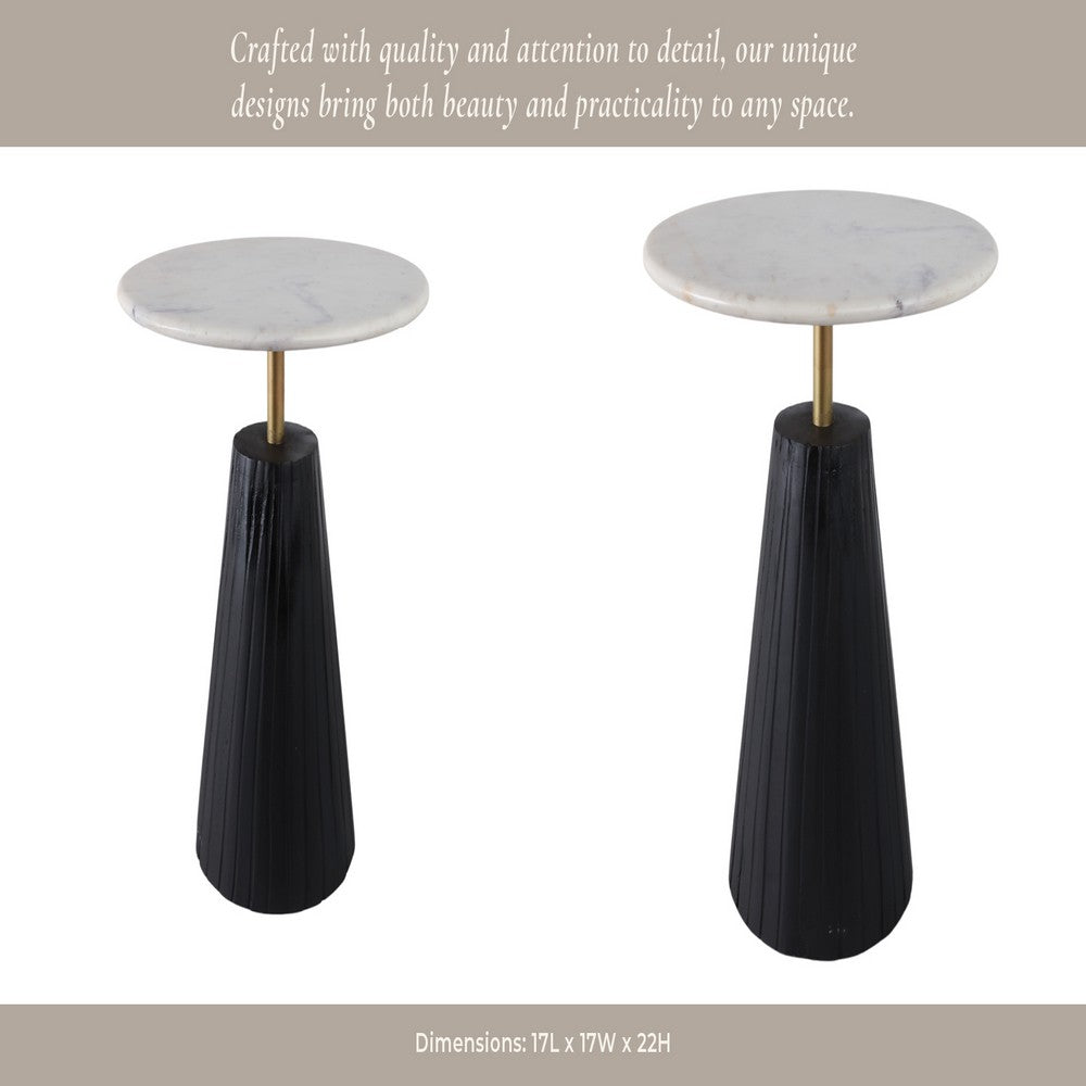 Accent Table | 17" Round White Marble Top | Black Fluted Base