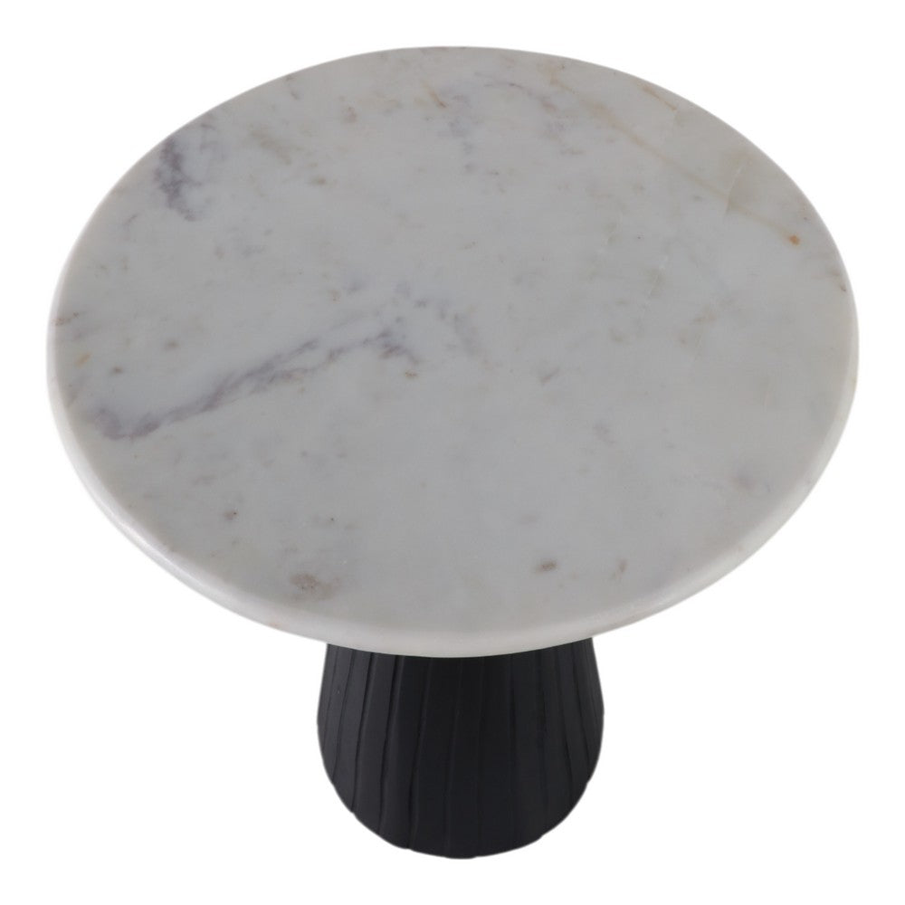 Accent Table | 17" Round White Marble Top | Black Fluted Base