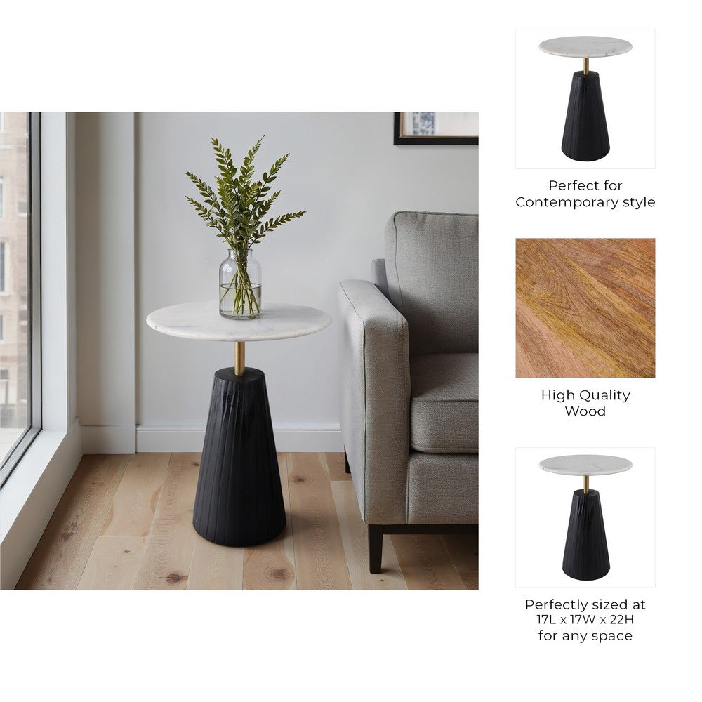 Accent Table | 17" Round White Marble Top | Black Fluted Base