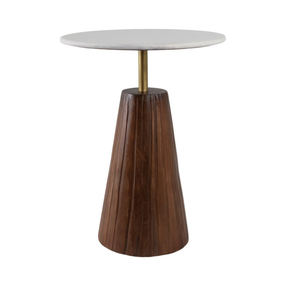 Accent Table | 17" Round White Marble Top with Wood Tapered Fluted Base