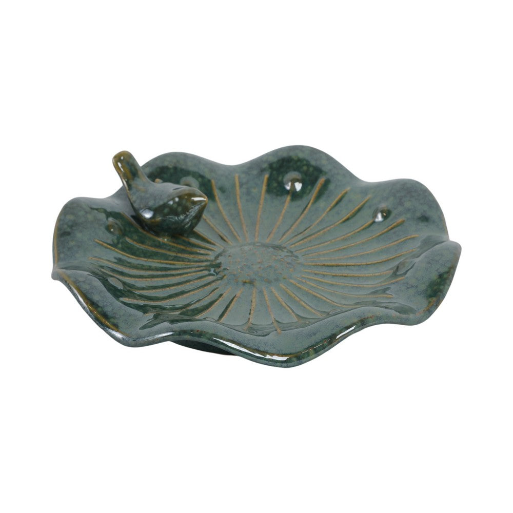 Elegant Birdbath w Perched Bird on Lilypad Flower | Glazed Green Ceramic