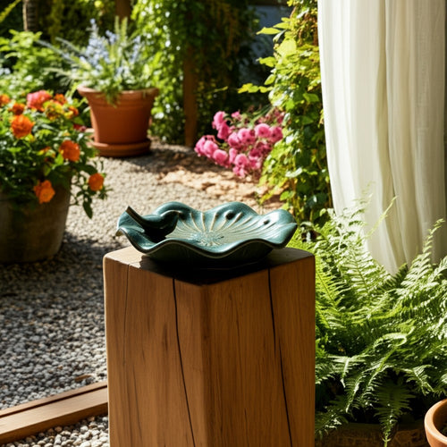 Elegant Birdbath w Perched Bird on Lilypad Flower | Glazed Green Ceramic