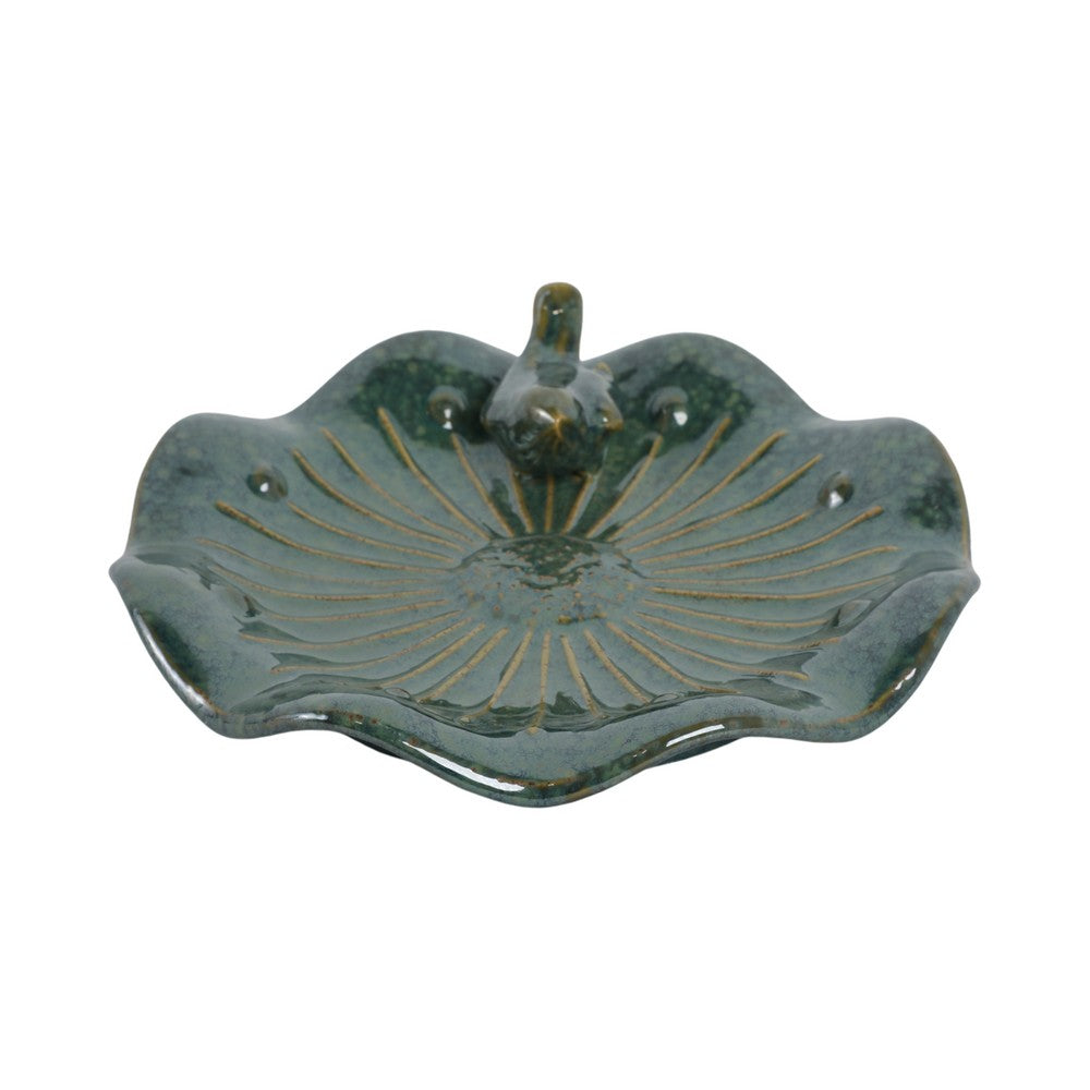 Elegant Birdbath w Perched Bird on Lilypad Flower | Glazed Green Ceramic