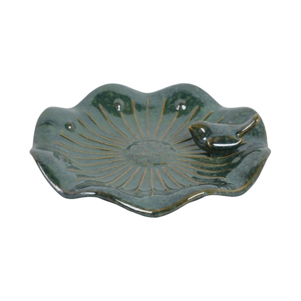 Elegant Birdbath w Perched Bird on Lilypad Flower | Glazed Green Ceramic