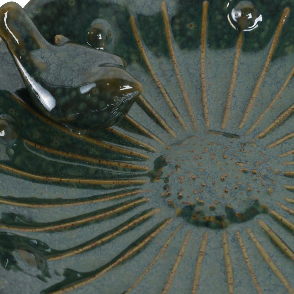 Elegant Birdbath w Perched Bird on Lilypad Flower | Glazed Green Ceramic