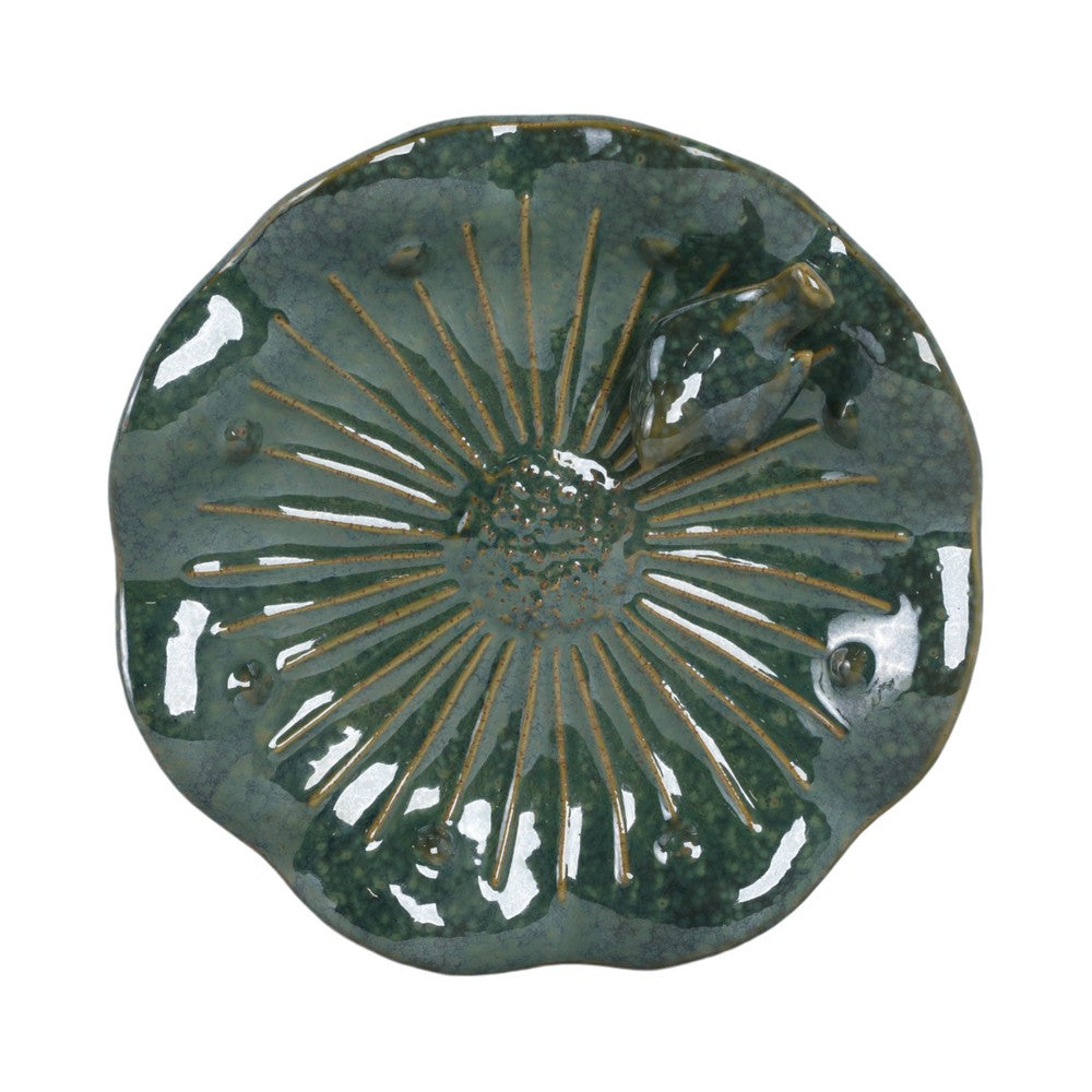 Elegant Birdbath w Perched Bird on Lilypad Flower | Glazed Green Ceramic