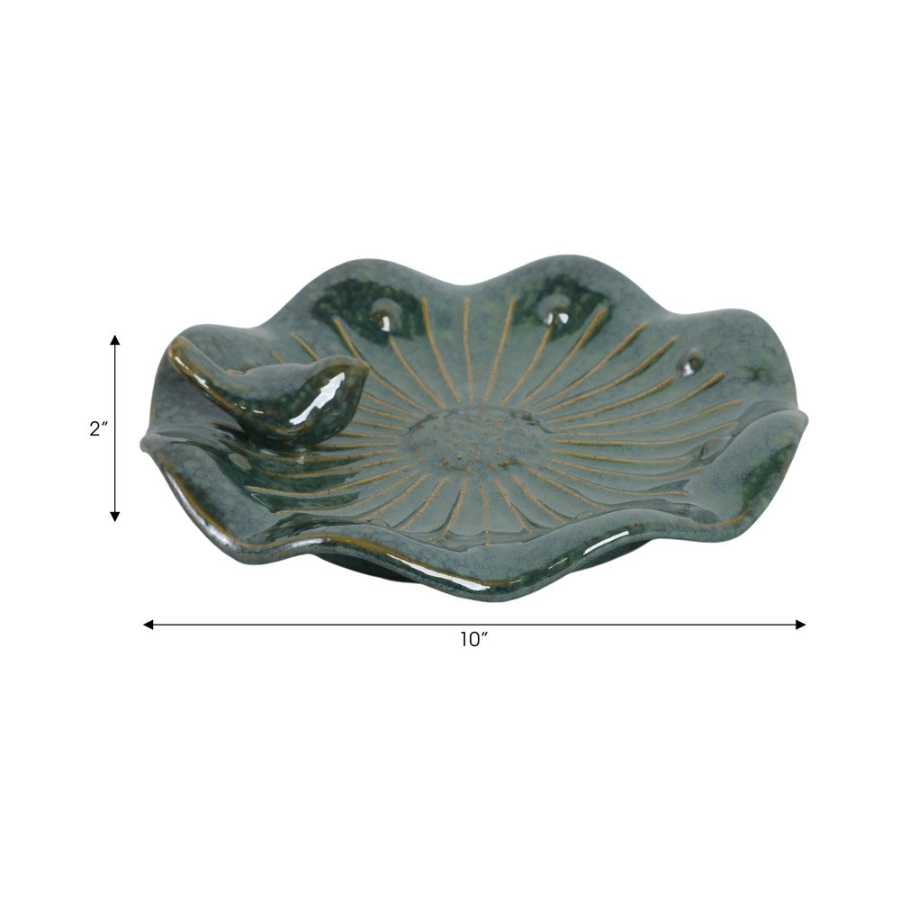 Elegant Birdbath w Perched Bird on Lilypad Flower | Glazed Green Ceramic