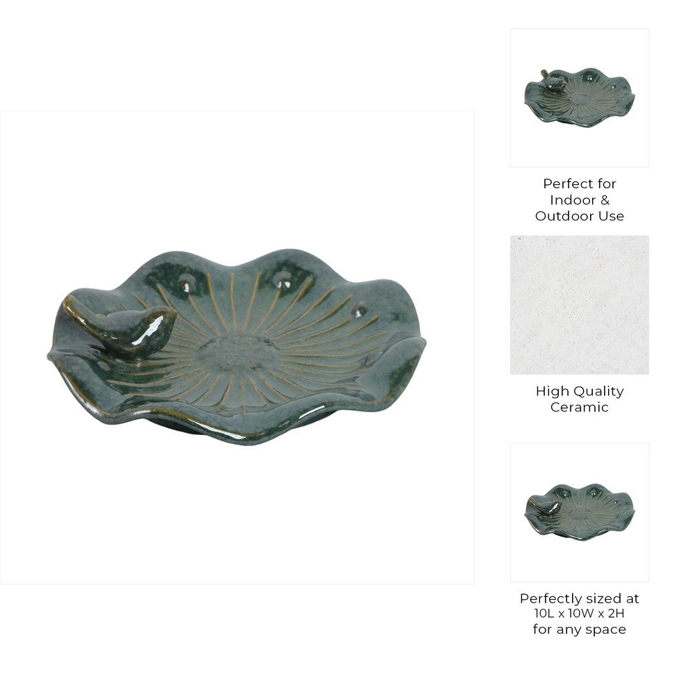 Elegant Birdbath w Perched Bird on Lilypad Flower | Glazed Green Ceramic