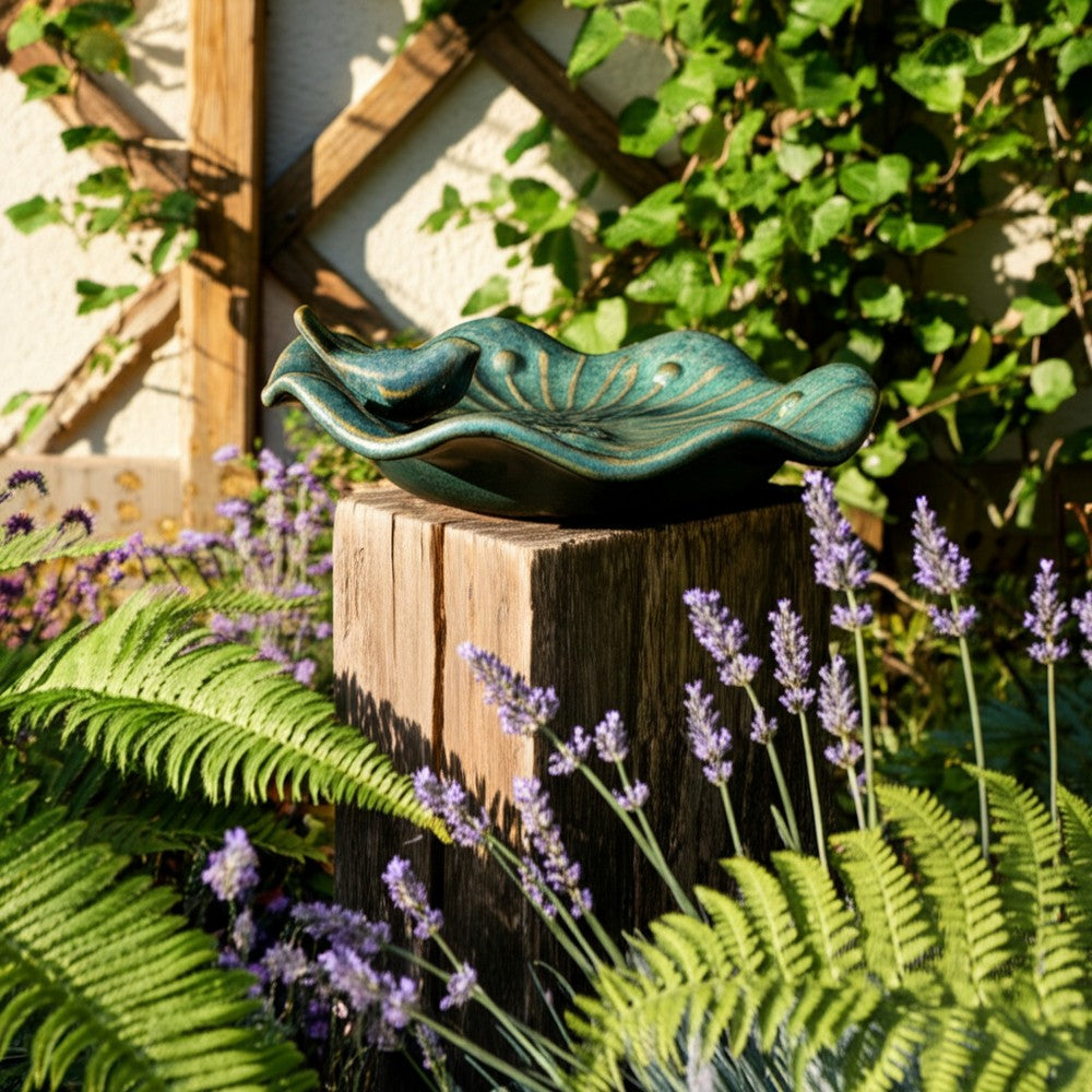 Elegant Birdbath w Perched Bird on Lilypad Flower | Glazed Green Ceramic