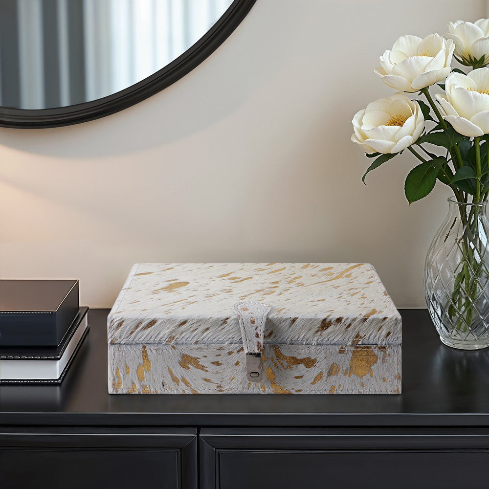 Decorative Jewelry Box | Hair on Hide Leather | 11" Tan Gold Speckled