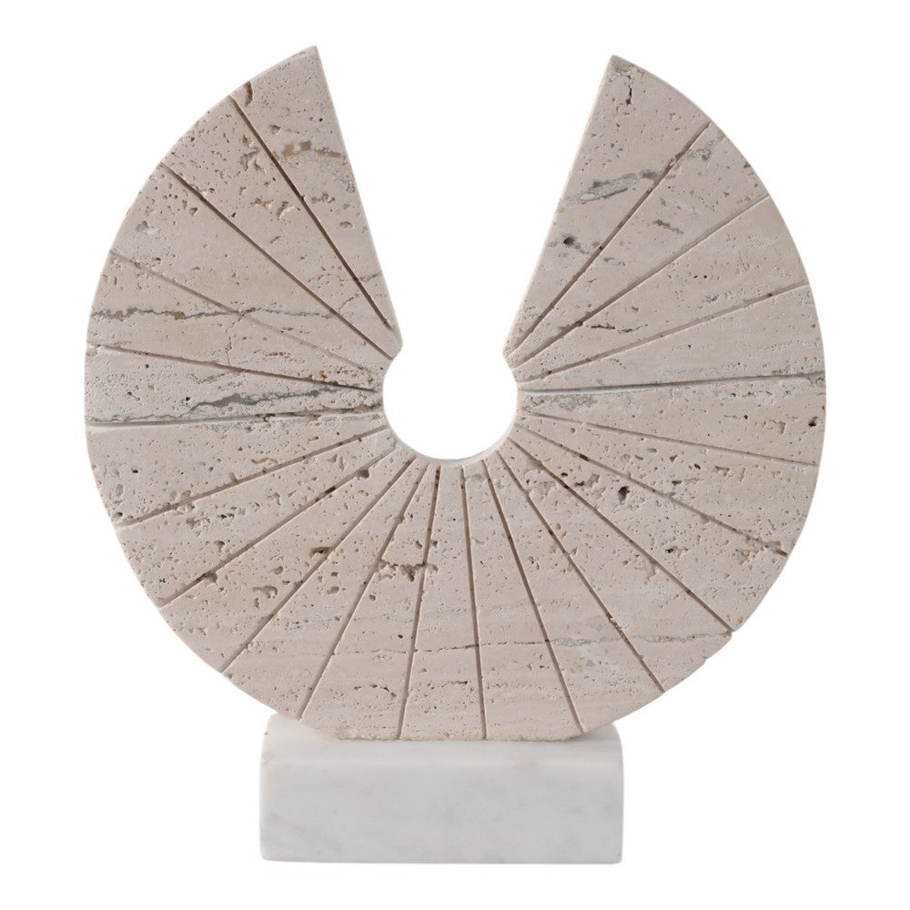 Geometric Art Sculpture | Open Circle Travertine Top | White Marble Base