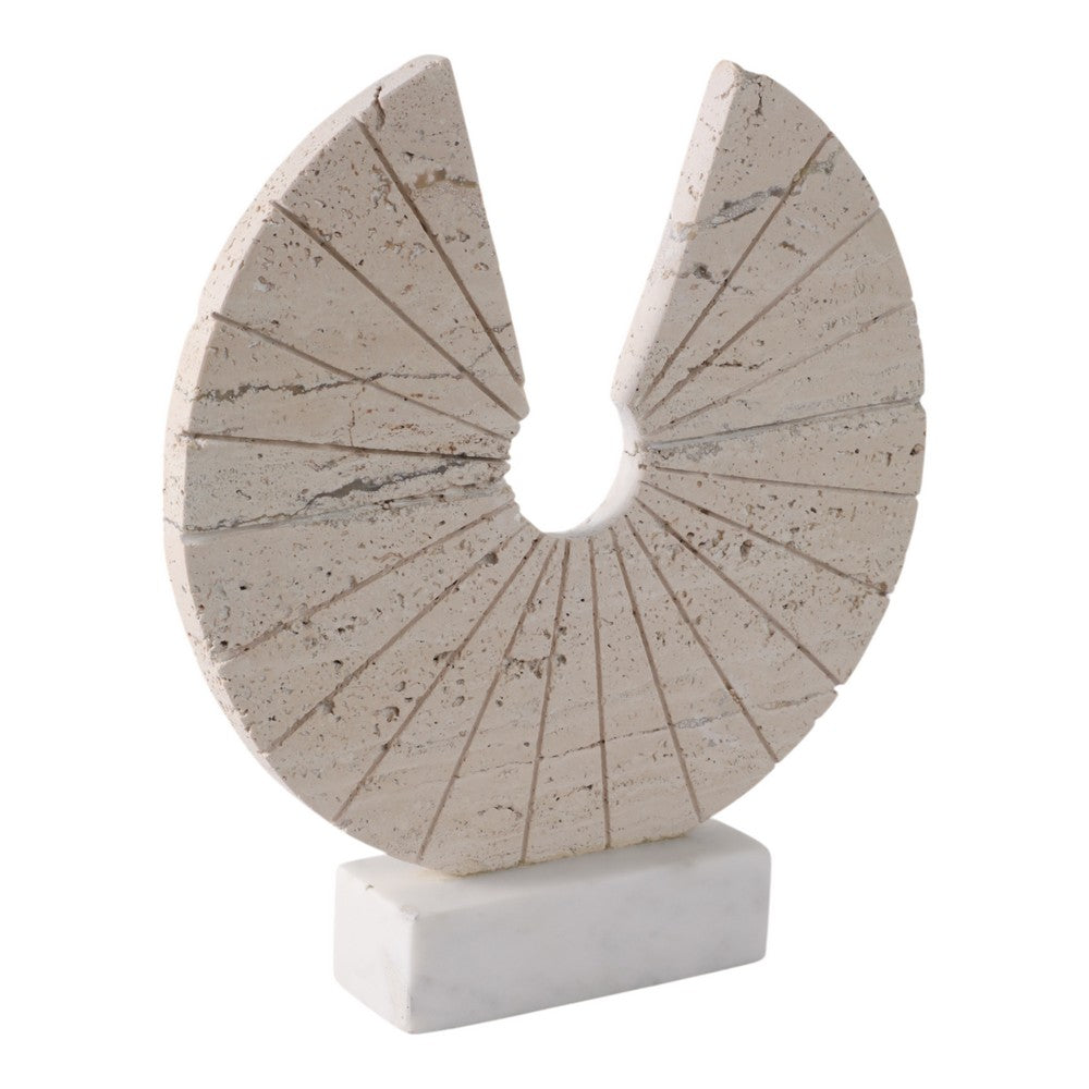 Geometric Art Sculpture | Open Circle Travertine Top | White Marble Base
