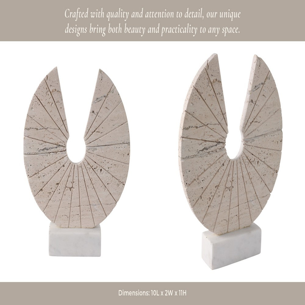 Geometric Art Sculpture | Open Circle Travertine Top | White Marble Base