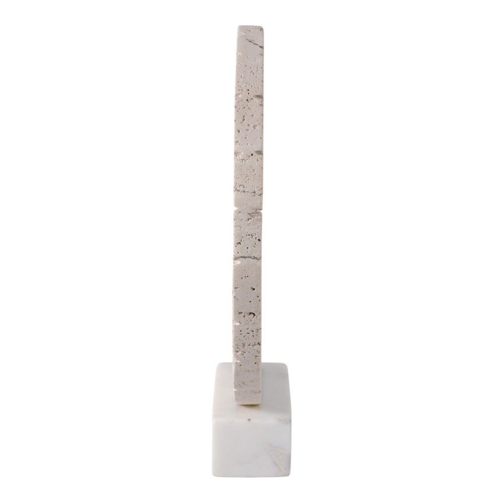 Geometric Art Sculpture | Open Circle Travertine Top | White Marble Base