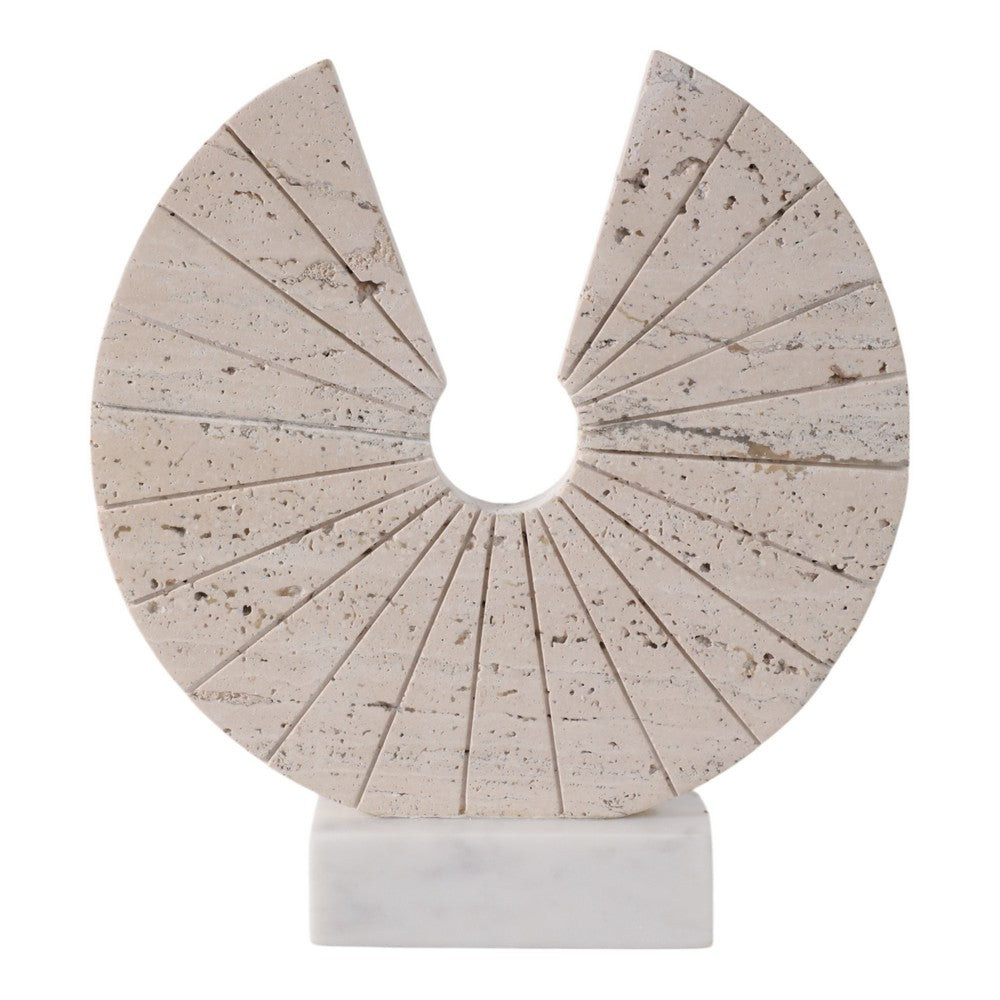 Geometric Art Sculpture | Open Circle Travertine Top | White Marble Base