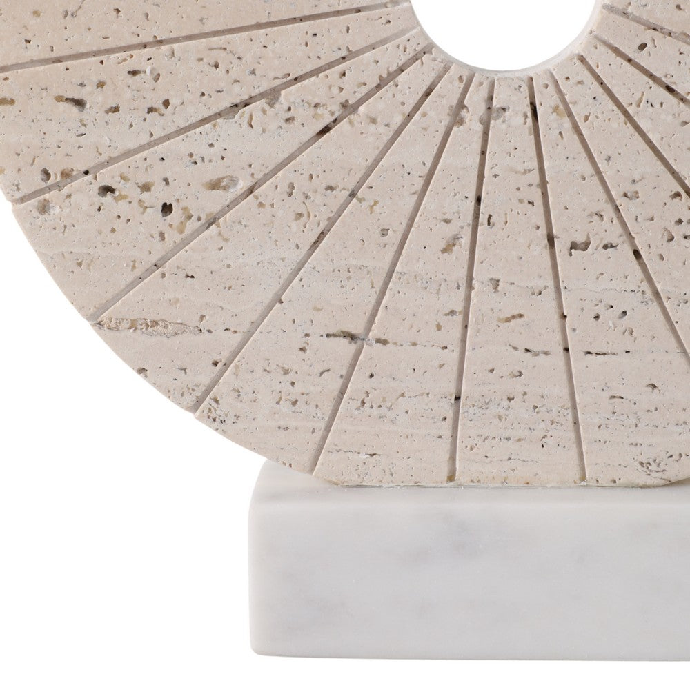 Geometric Art Sculpture | Open Circle Travertine Top | White Marble Base