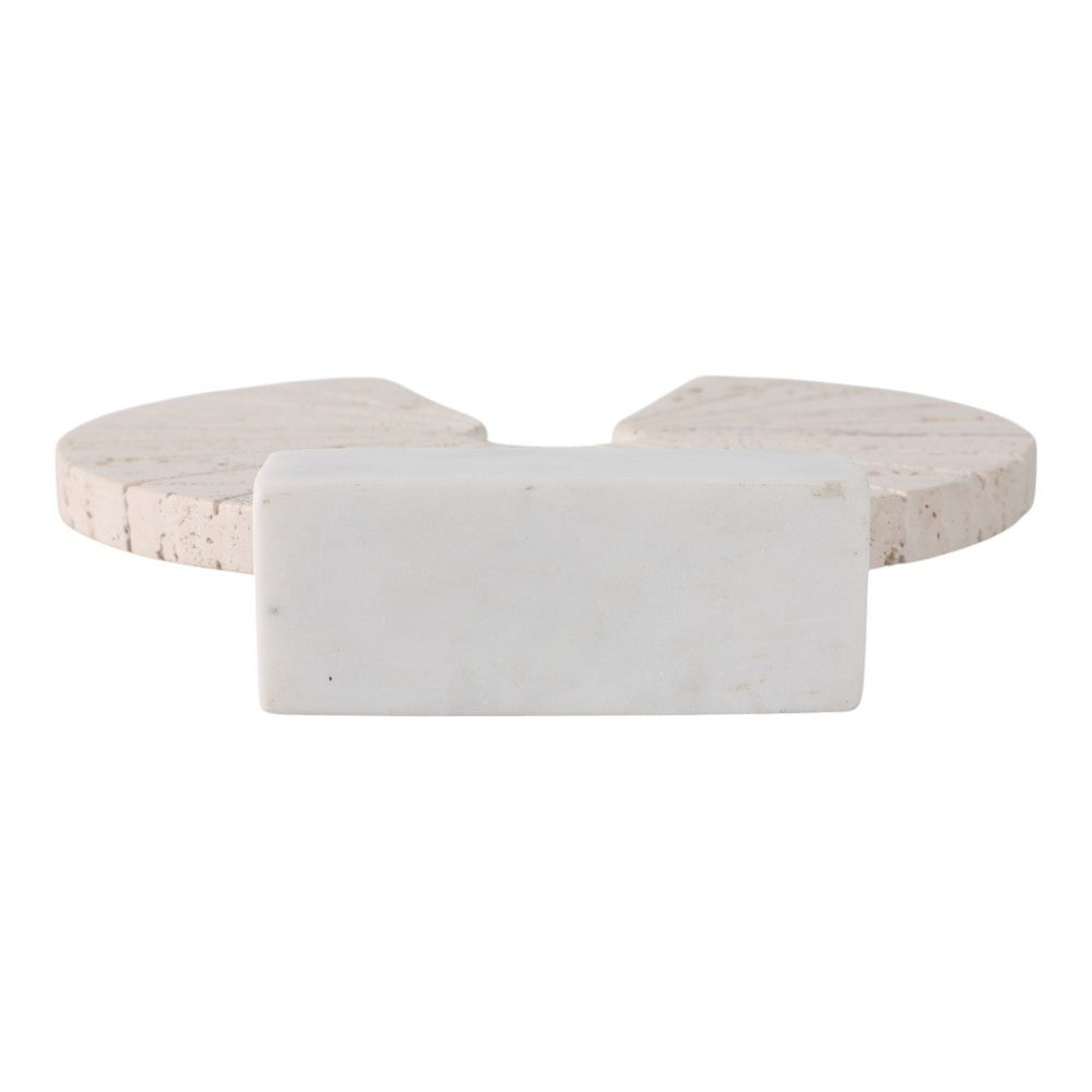 Geometric Art Sculpture | Open Circle Travertine Top | White Marble Base