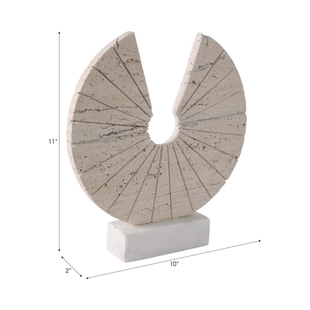 Geometric Art Sculpture | Open Circle Travertine Top | White Marble Base