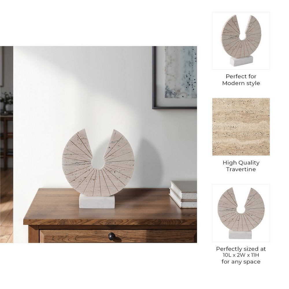 Geometric Art Sculpture | Open Circle Travertine Top | White Marble Base