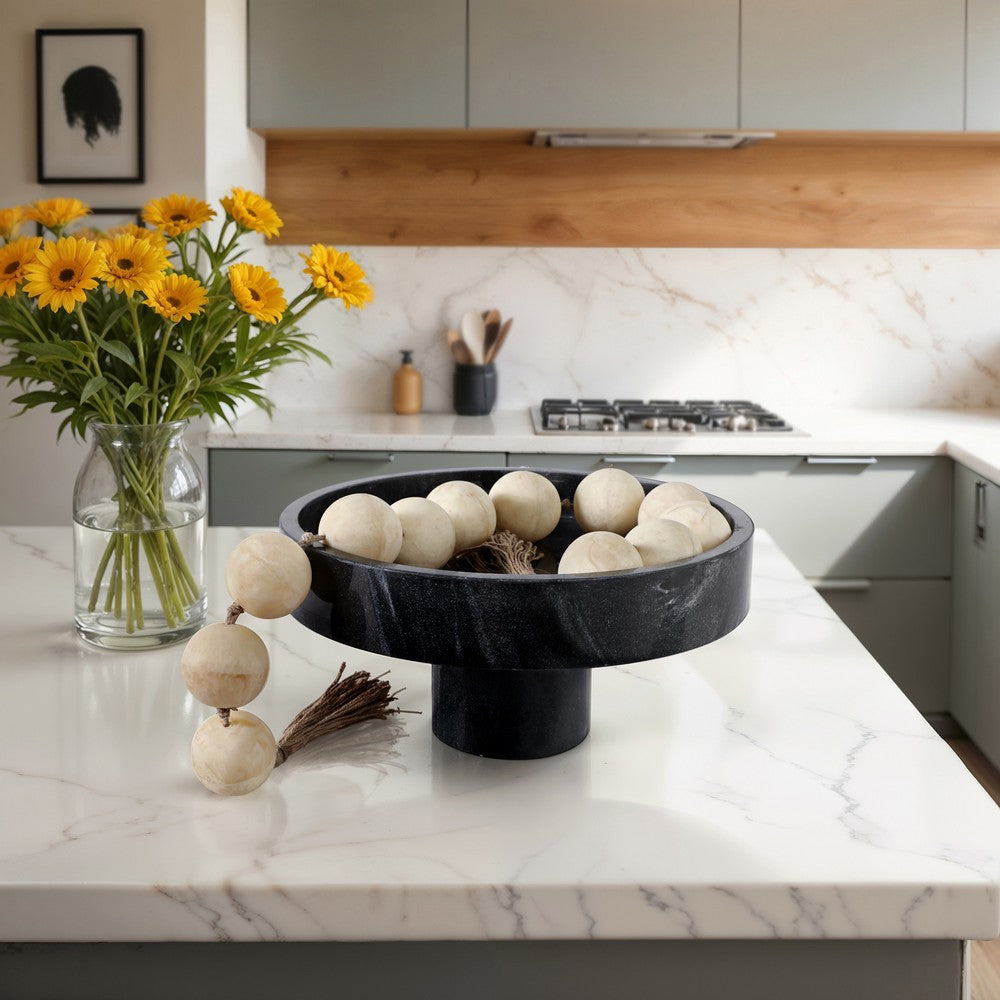 Round Decorative Bowl | 12"| Pedestal Design | Black Marble