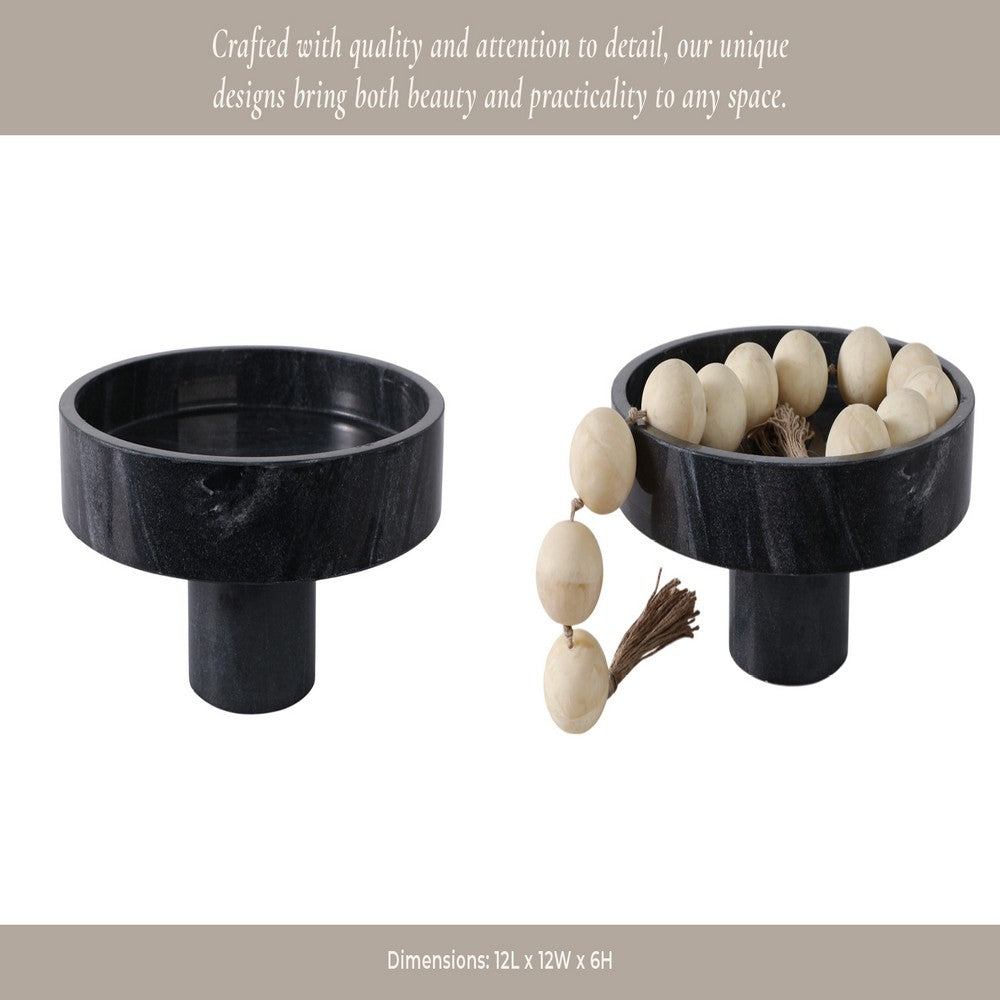 Round Decorative Bowl | 12"| Pedestal Design | Black Marble
