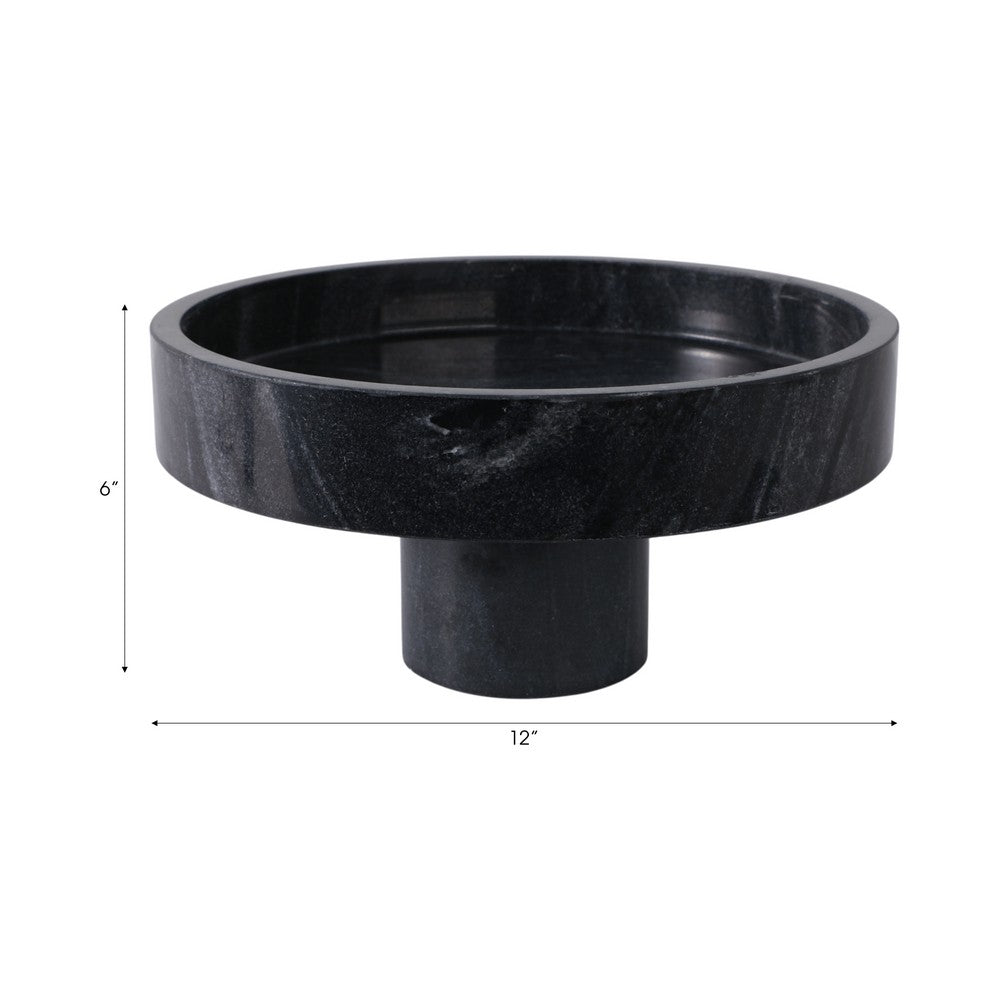 Round Decorative Bowl | 12"| Pedestal Design | Black Marble