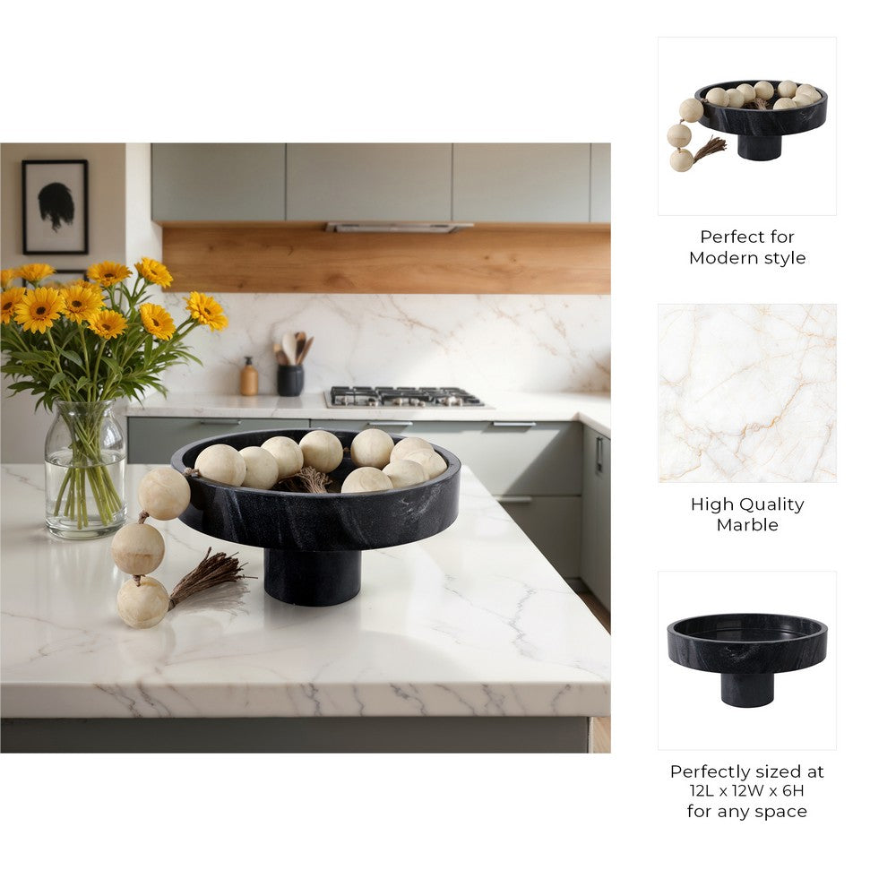 Round Decorative Bowl | 12"| Pedestal Design | Black Marble