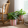 Flower Planter Set of 2 | Striped Pink & White Ceramic | Scallop Edges