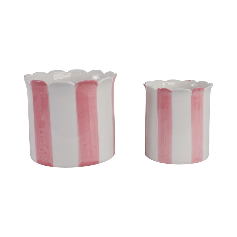 Flower Planter Set of 2 | Striped Pink & White Ceramic | Scallop Edges