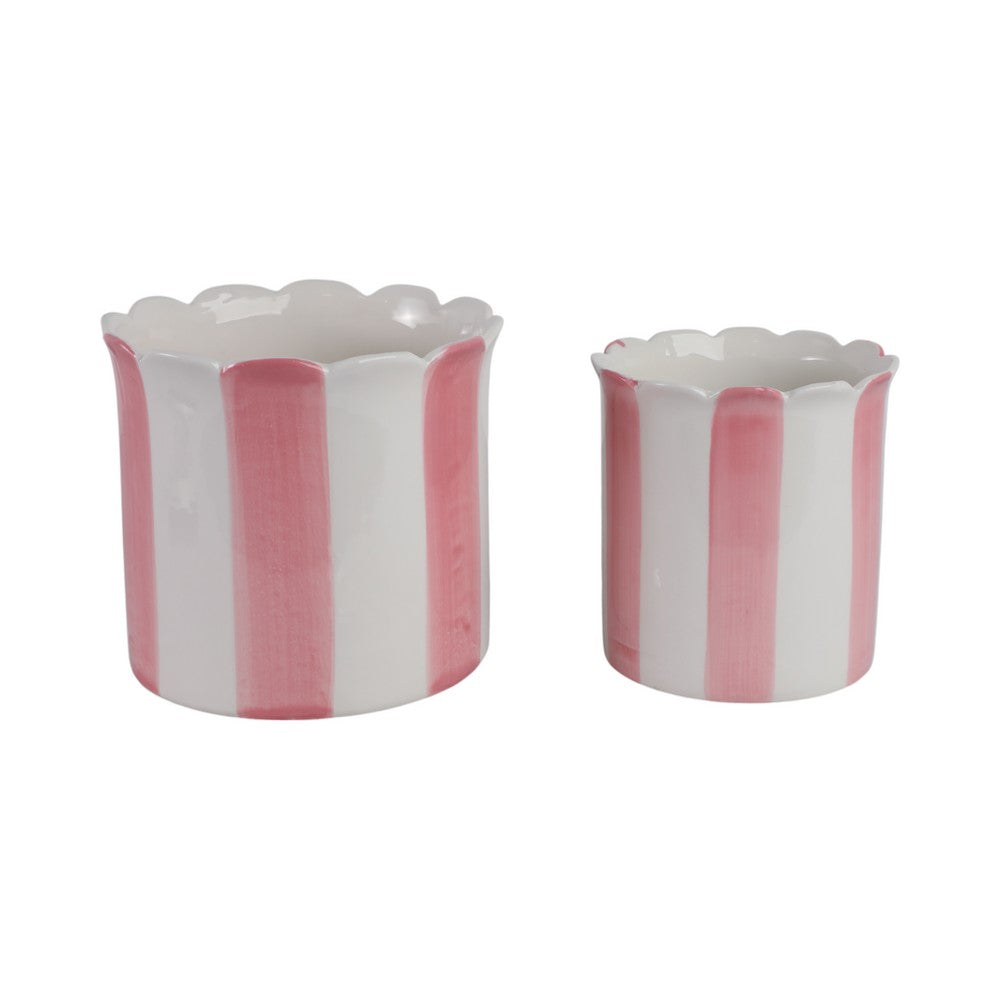 Flower Planter Set of 2 | Striped Pink & White Ceramic | Scallop Edges