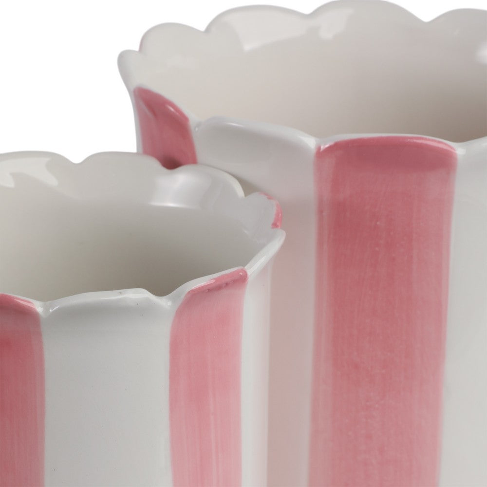 Flower Planter Set of 2 | Striped Pink & White Ceramic | Scallop Edges