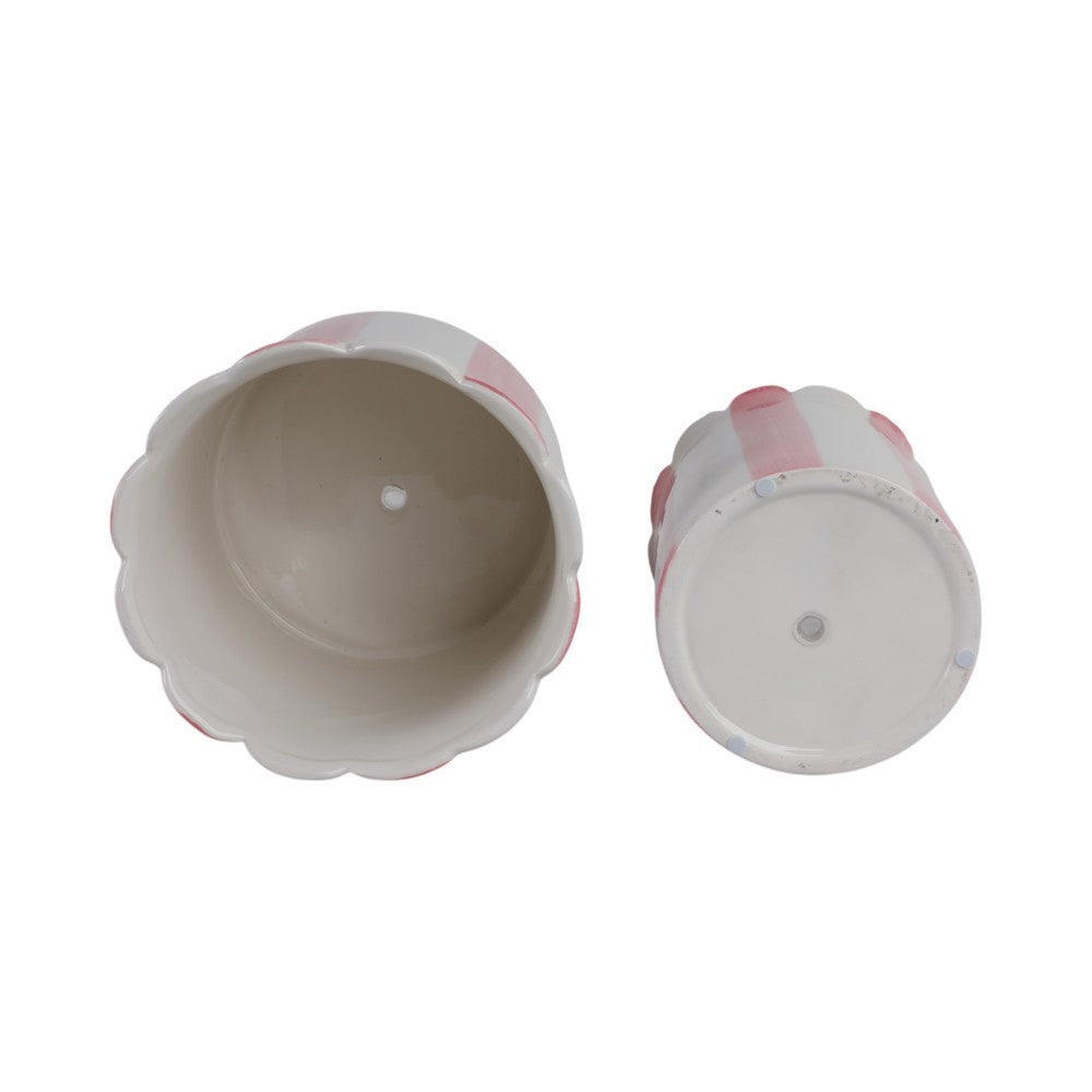 Flower Planter Set of 2 | Striped Pink & White Ceramic | Scallop Edges