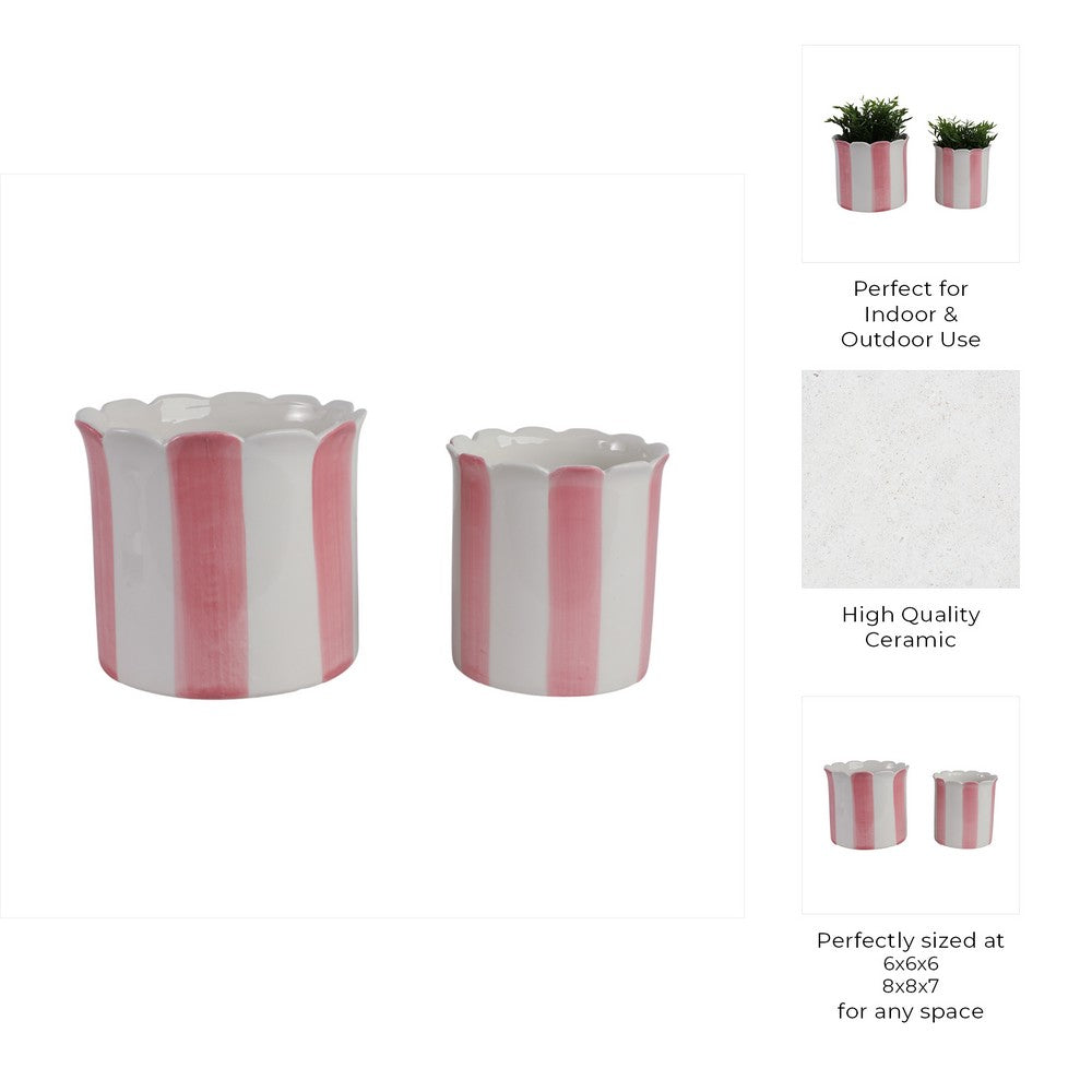 Flower Planter Set of 2 | Striped Pink & White Ceramic | Scallop Edges