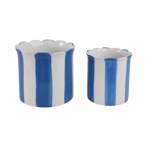 Decorative Garden Planter Set of 2 | Blue White Striped Scalloped Edges