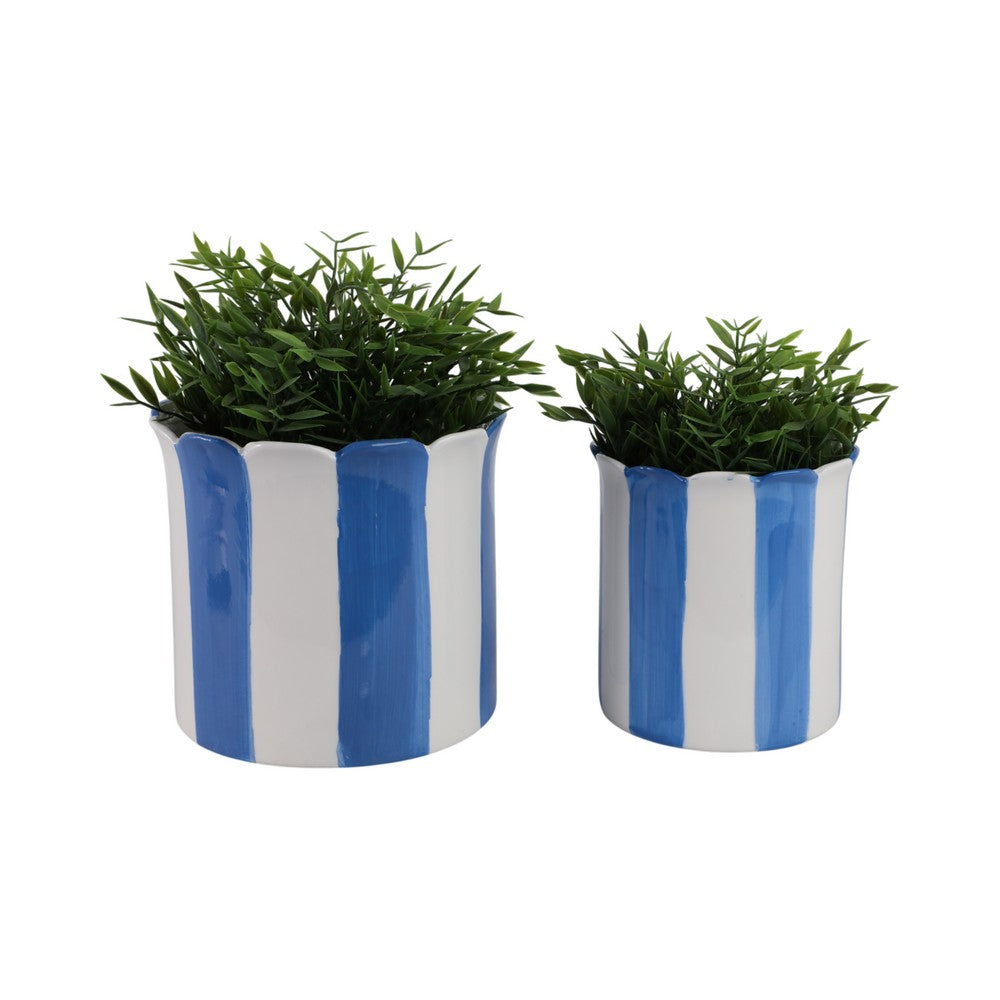 Decorative Garden Planter Set of 2 | Blue White Striped Scalloped Edges