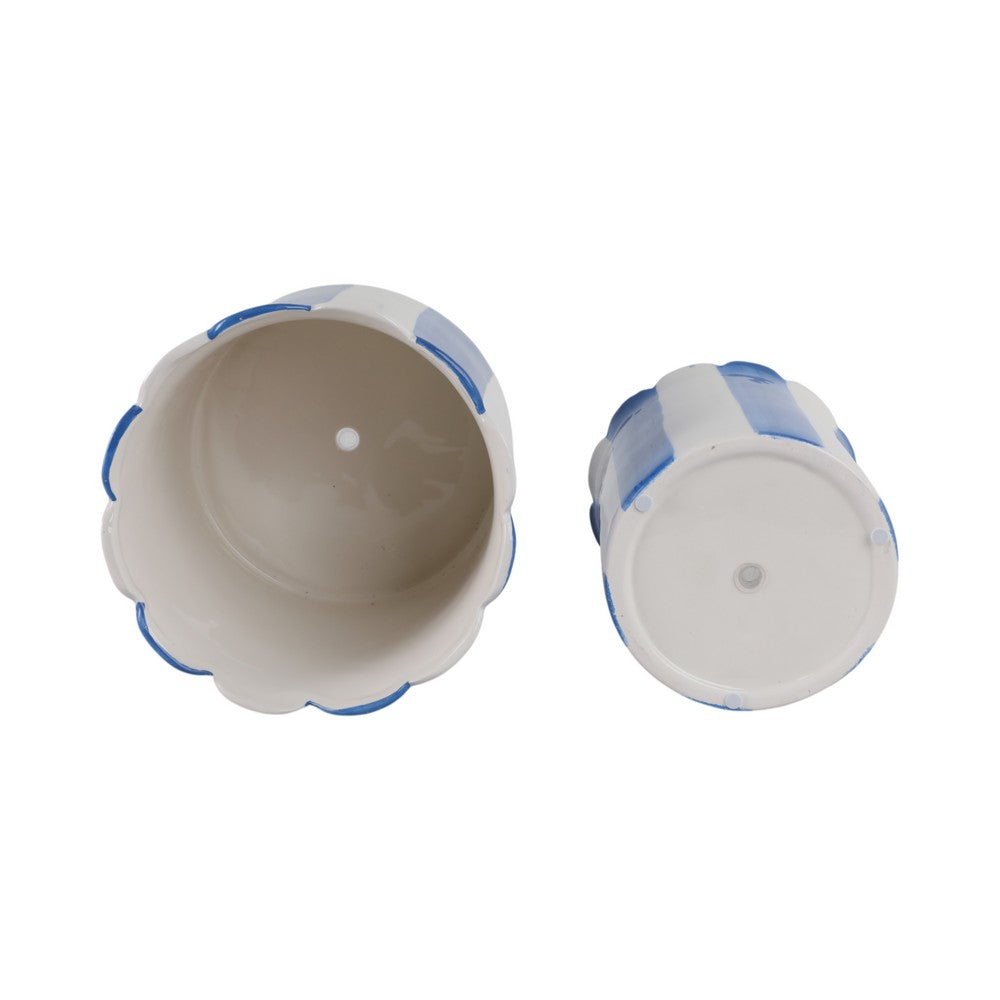 Decorative Garden Planter Set of 2 | Blue White Striped Scalloped Edges