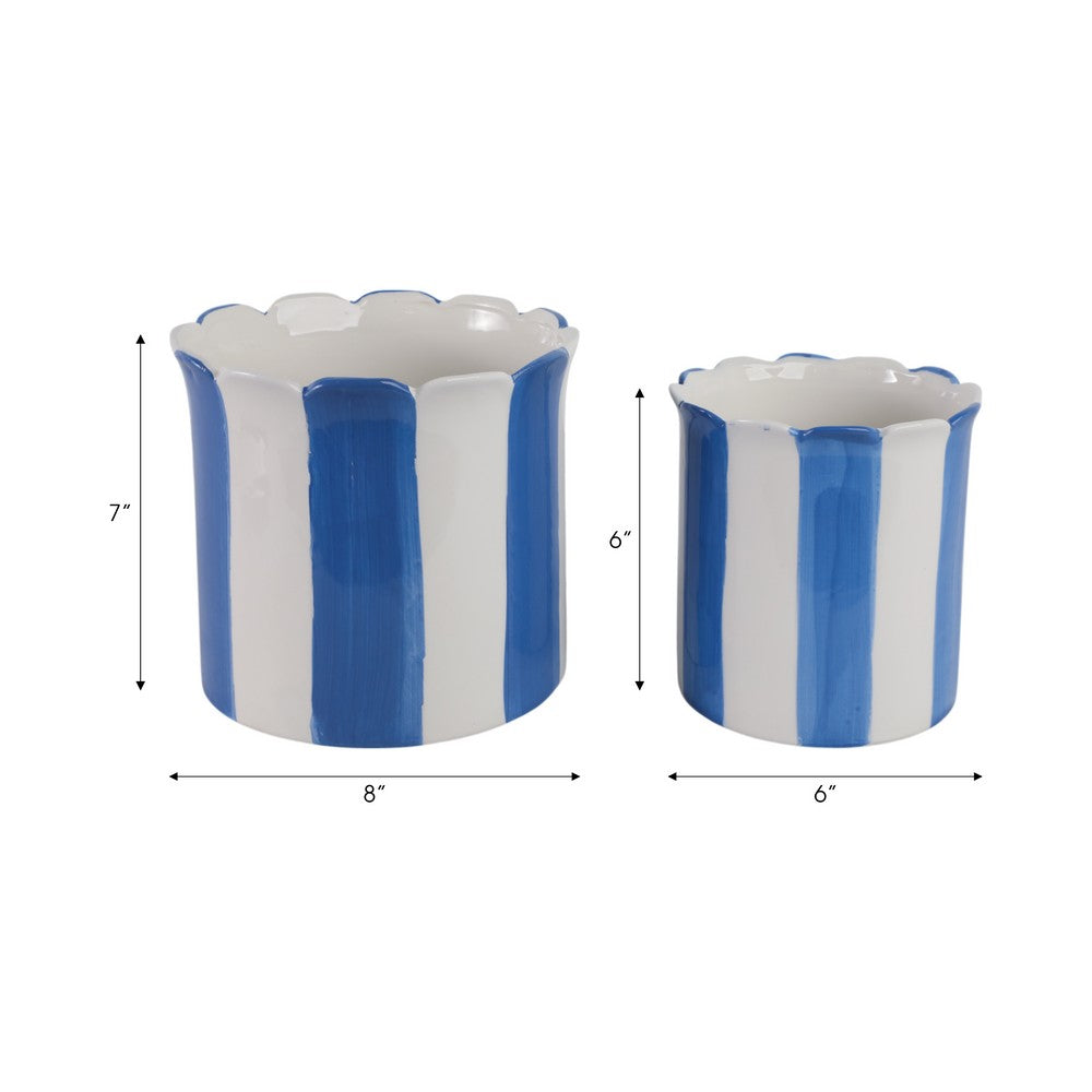 Decorative Garden Planter Set of 2 | Blue White Striped Scalloped Edges