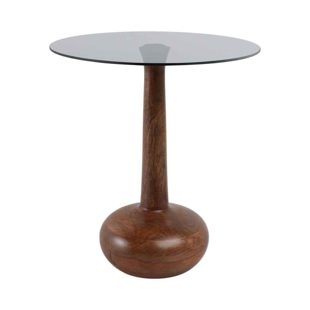 Accent Table | 18" Smoke Gray Glass Top | Carved Teardrop Brown Wood Base